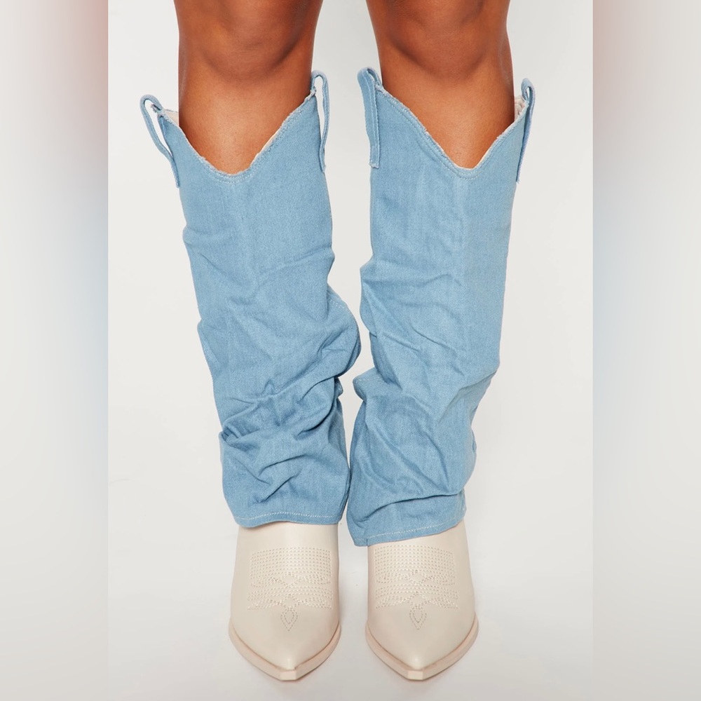 Denim knee high boots